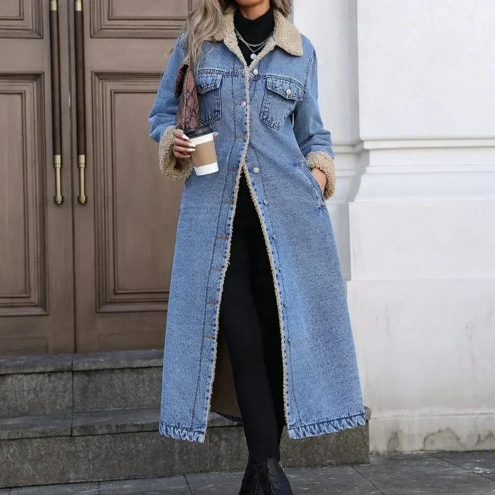 Blue Casual Women's Trendy Fleece-Lined Long Denim Jacket - Picture 5 of 7